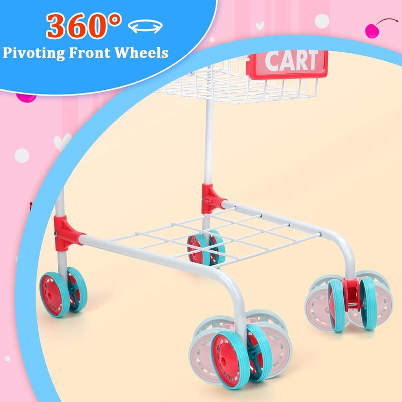 deAO Kids Shopping Cart Trolley with Sturdy Metal Frame for Toddlers 46 PCS Food Fruit Vegetables Pretend Play Food Role Play,Educational Toy Play Kitchen Toys for Boys Girls Kids - Image 5